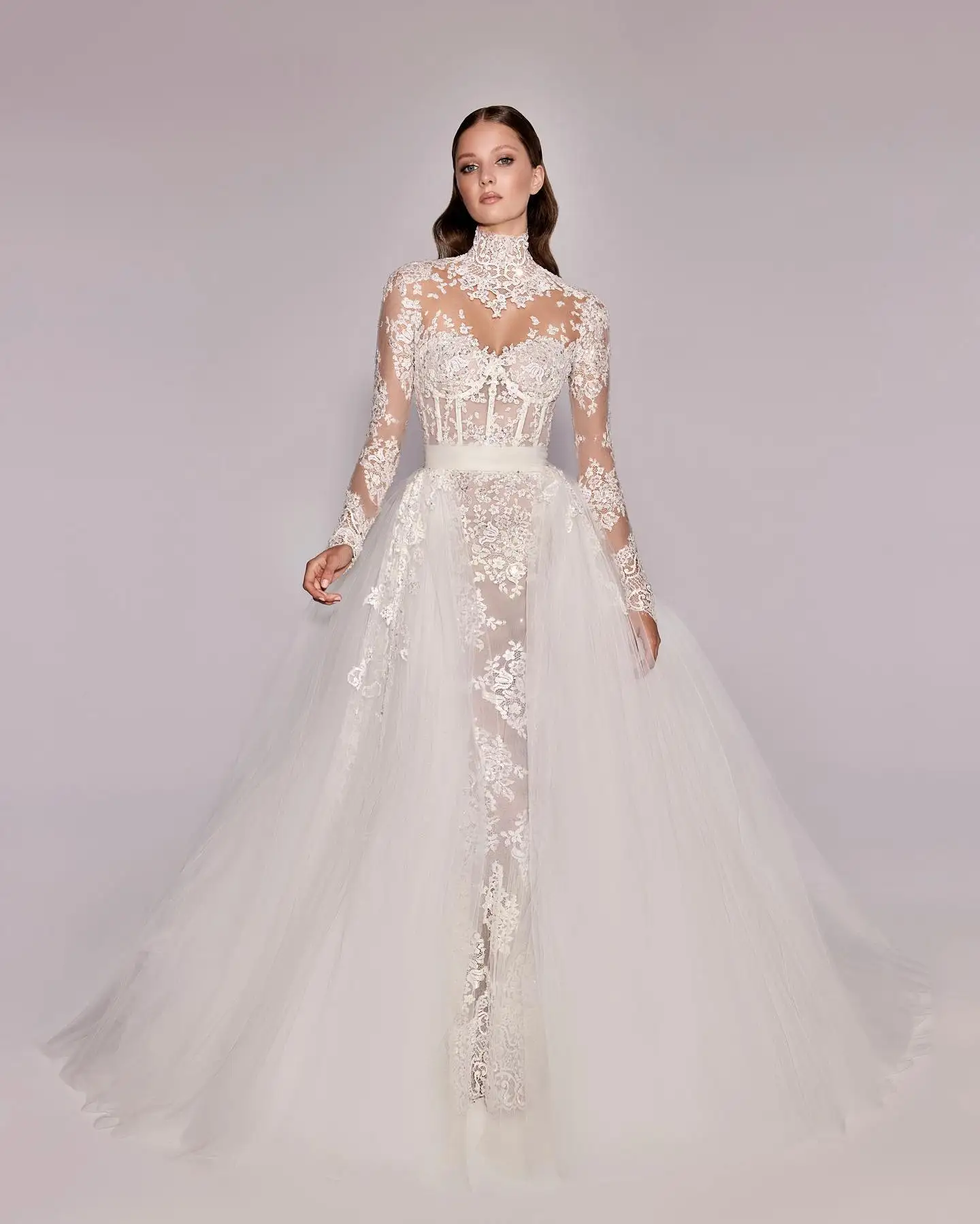 Sheer Fairy Wedding Dress Elegant High Neck Lace Mermaid Long Sleeves Over Skirt Dubai Luxury Women Bridal Gown SW545 Customized