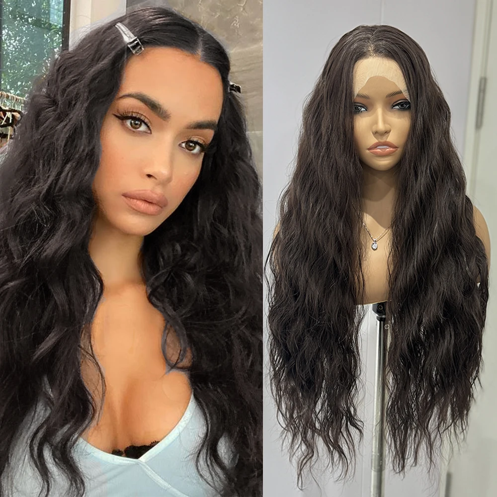 Dark Brown Curly Wig Synthetic Lace Wigs For Women Long Natural Wave Hair  Frontal Lace Wig Ready To Wear Heat Resistant Cosplay