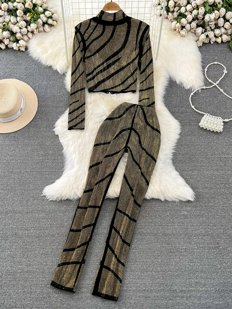 Spring Autumn Women Diamonds Striped Two Piece Set Gold/Silver/Black Stand Collar Long Sleeve Short Tops + Pants Suit 2Pcs New