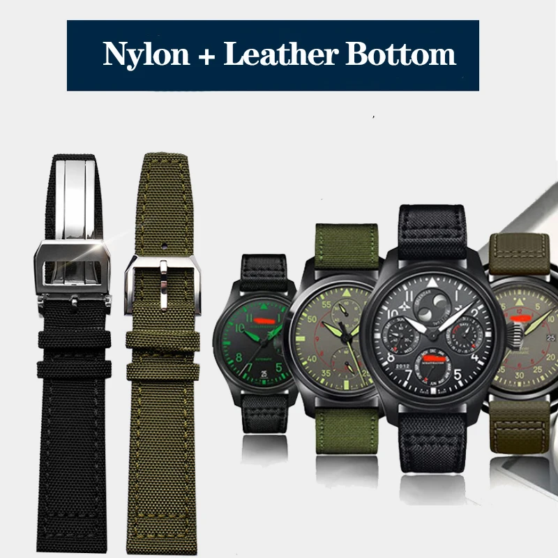 20mm 21mm 22mm Nylon + Leather Bottom Watchband For IWC Pilot Seiko Citizen BM7140 Waterproof Canvas Bracelet Strap Green Black image 3