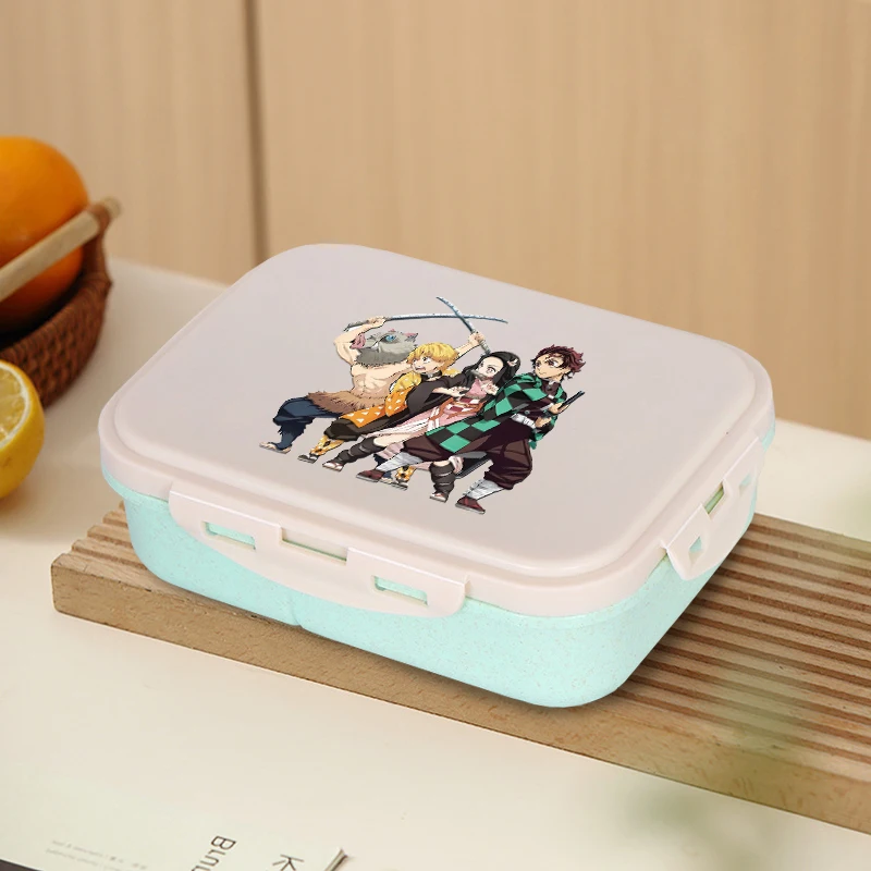 Demon Slayers 3 Grids Lunch Box Cute Cartoon Students Portable Food Container with Snoop Fork Anime Travel Picnic Snack Storage view 4