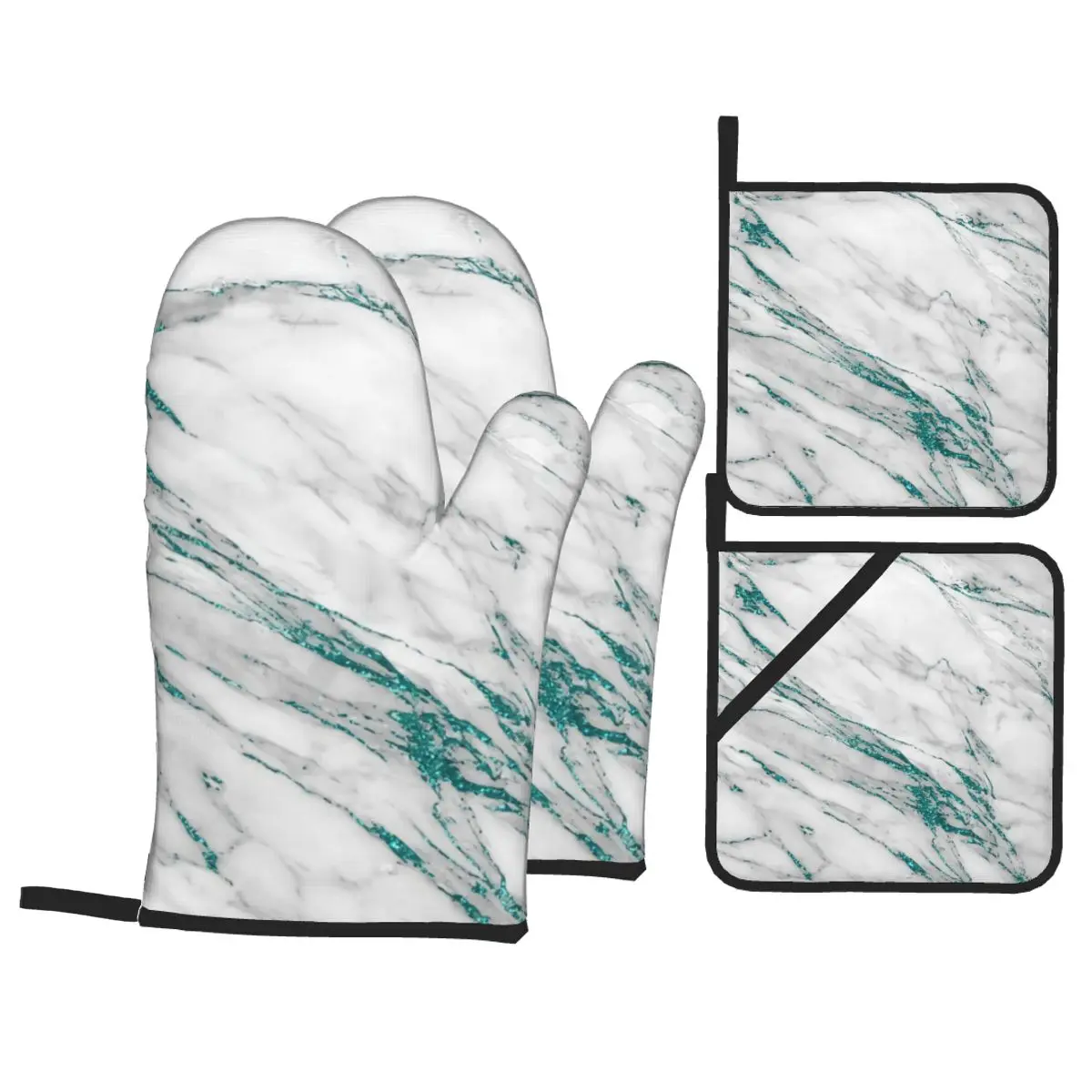 

Grey Marble Aqua Teal Metallic Insulation Four-Piece Set Gloves and Pad Anti Slip Anti Scald Oven Gloves Kitchen Baking Tools