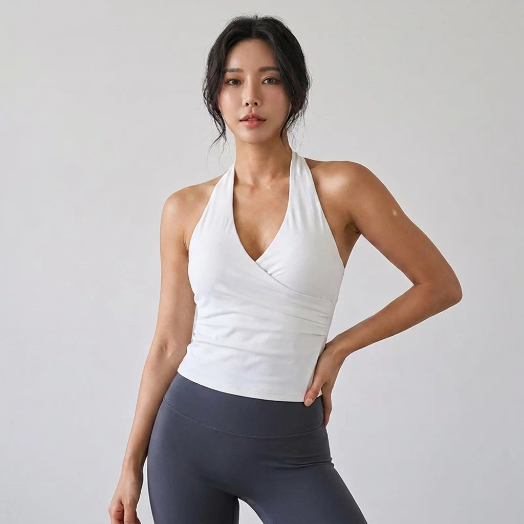 Damen Sexy V-Ausschnitt Nude Sport-BH mit Neckholder, Atmungsaktives Gym-Top, Activewear, Fitness-Yoga-Top, Neckholder-Design, Yoga-BH – Detail 6