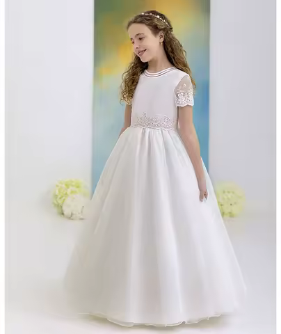 Custom Elegant Children's First Communion Dress White Tulle Lace Flowers Girl's Wedding Birthday Party Evening Dress