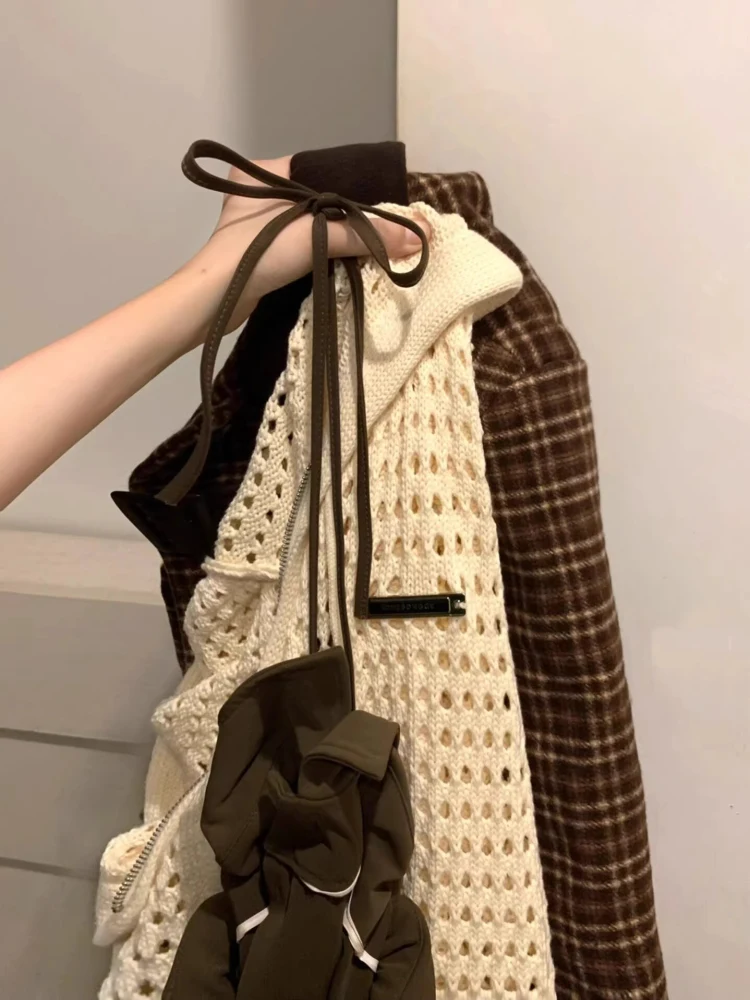 

Korean Sle Zipper Hooded Hollow out Knitted Cardigan Women's Early Spring Summer Thin Loose Outerwear Lazy Sle Top