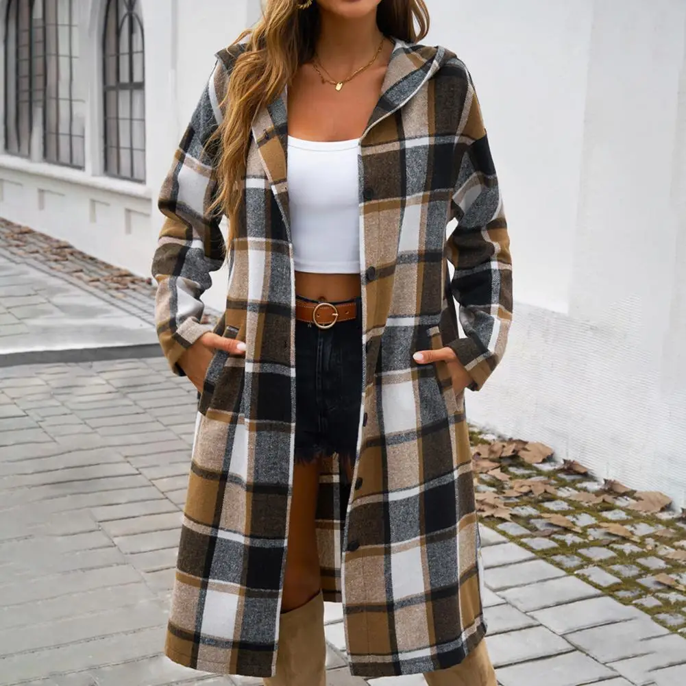 Below-knee Length Jacket Flannel Jacket Women Plaid Print Hooded Coat for Women Stylish Mid-length Outerwear with Pockets