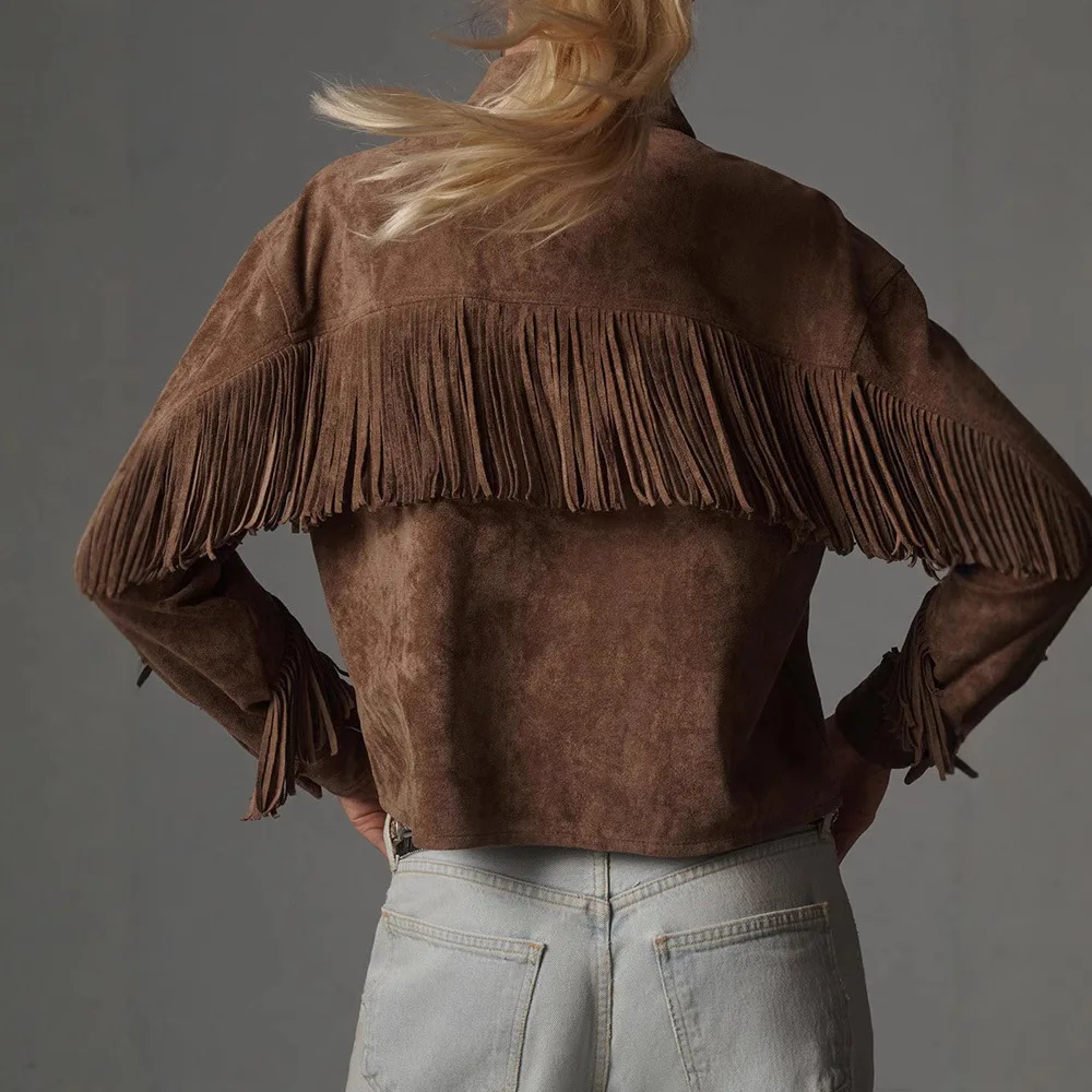 Vintage Spring Autumn Bomber Jacket Brown Coat Lapel Fringe Long-sleeved Outerwear Streetwear Trends Single-breasted Cropped Top