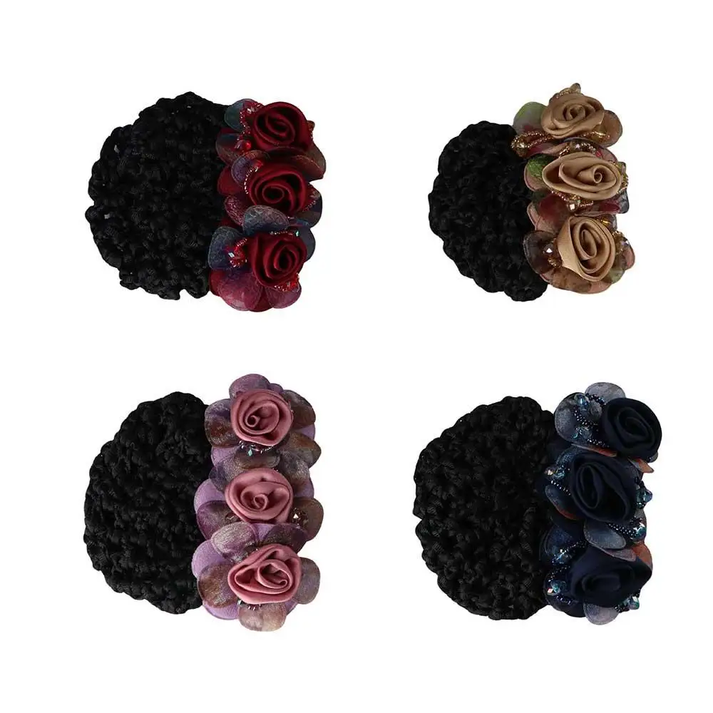 Barrettes For Flight Attendant For Nurses Mesh Floral Beaded Crystal Hairnet Cover Flower Bun Snood Zircon Women Bun Net