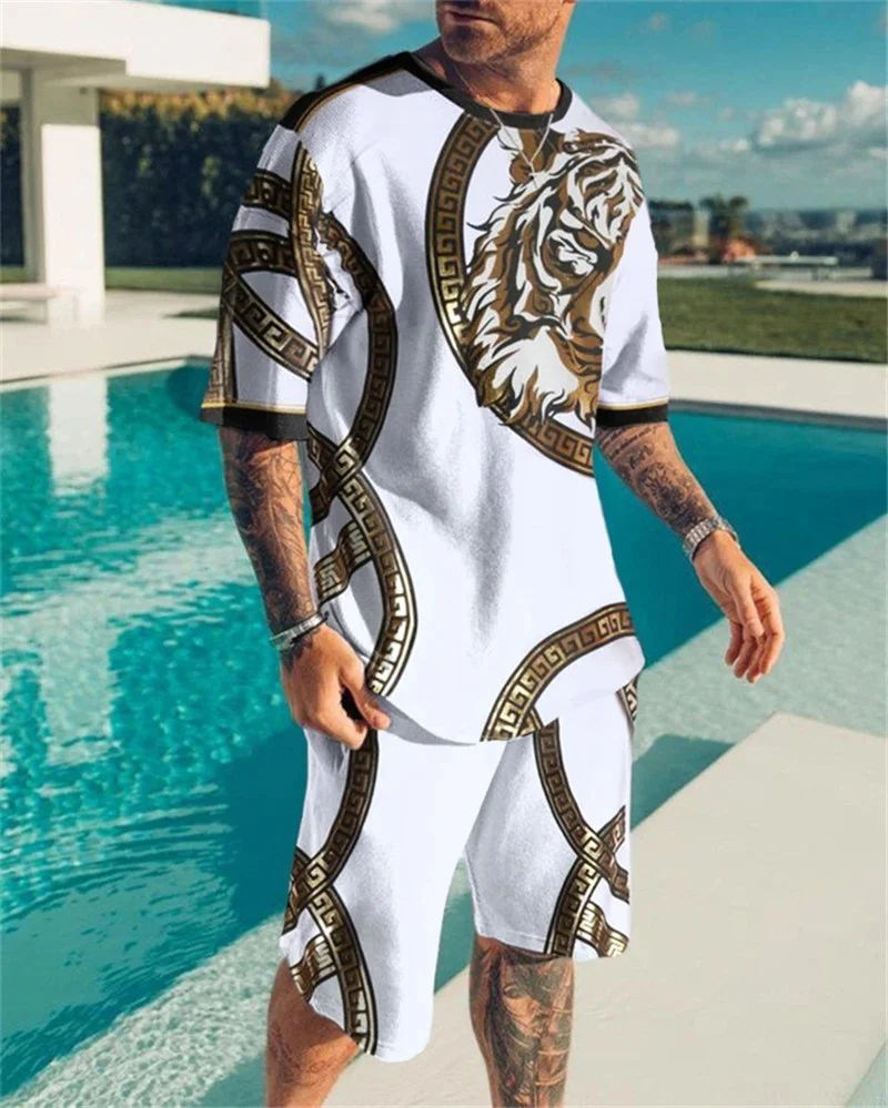 Men Oversized Tracksuit 2 Piece Sets Male Tiger King 3D Print Sports Short Sleeve Beach Sportwear Summer Casual Outfits Suits