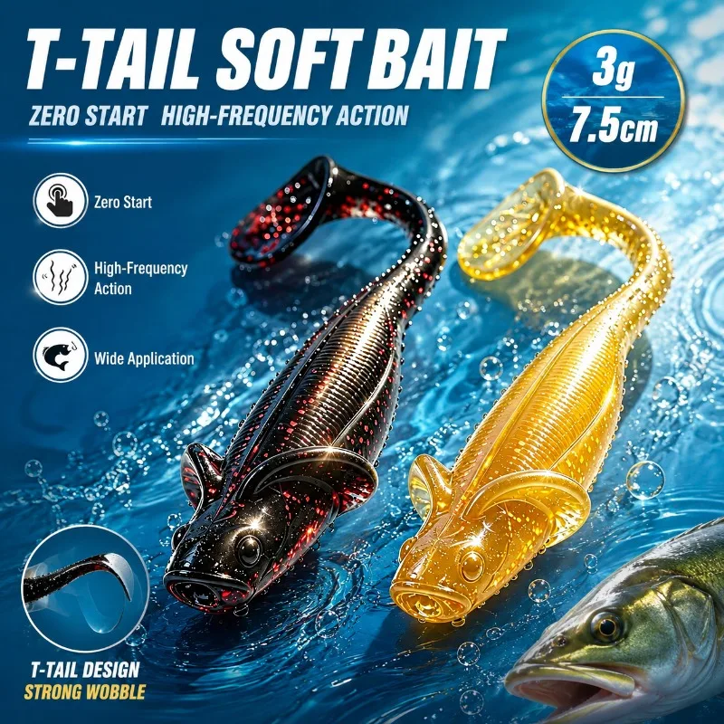 Schwimmender T-Tail Softköder-Set mit Hochfrequenz-Schwanzaktion, Swimbait-Wurm, Jigkopf für Barsch, Hecht, Forelle, Raubfische, 8-teiliges Pack