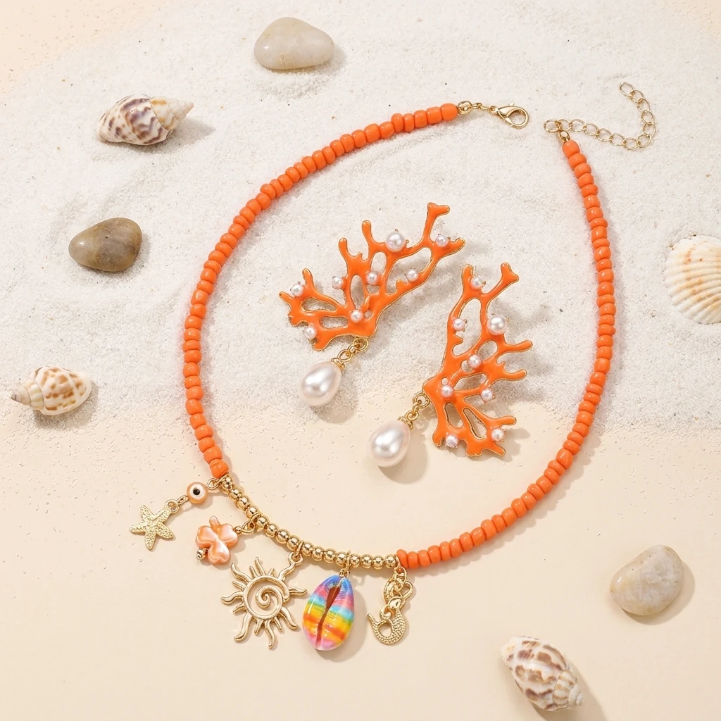 Bohemian Orange Coral Pearl Shell Earrings & Necklace Set