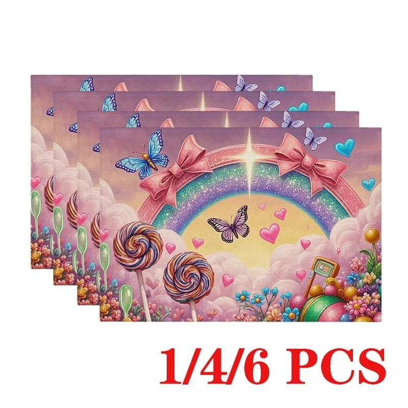 Sweet Candy Linen Placemat Rainbow Butterfly Pink Bow Table Mat Heat Resistant Coaster Girls Dining Bowl Plate Cushion Gift