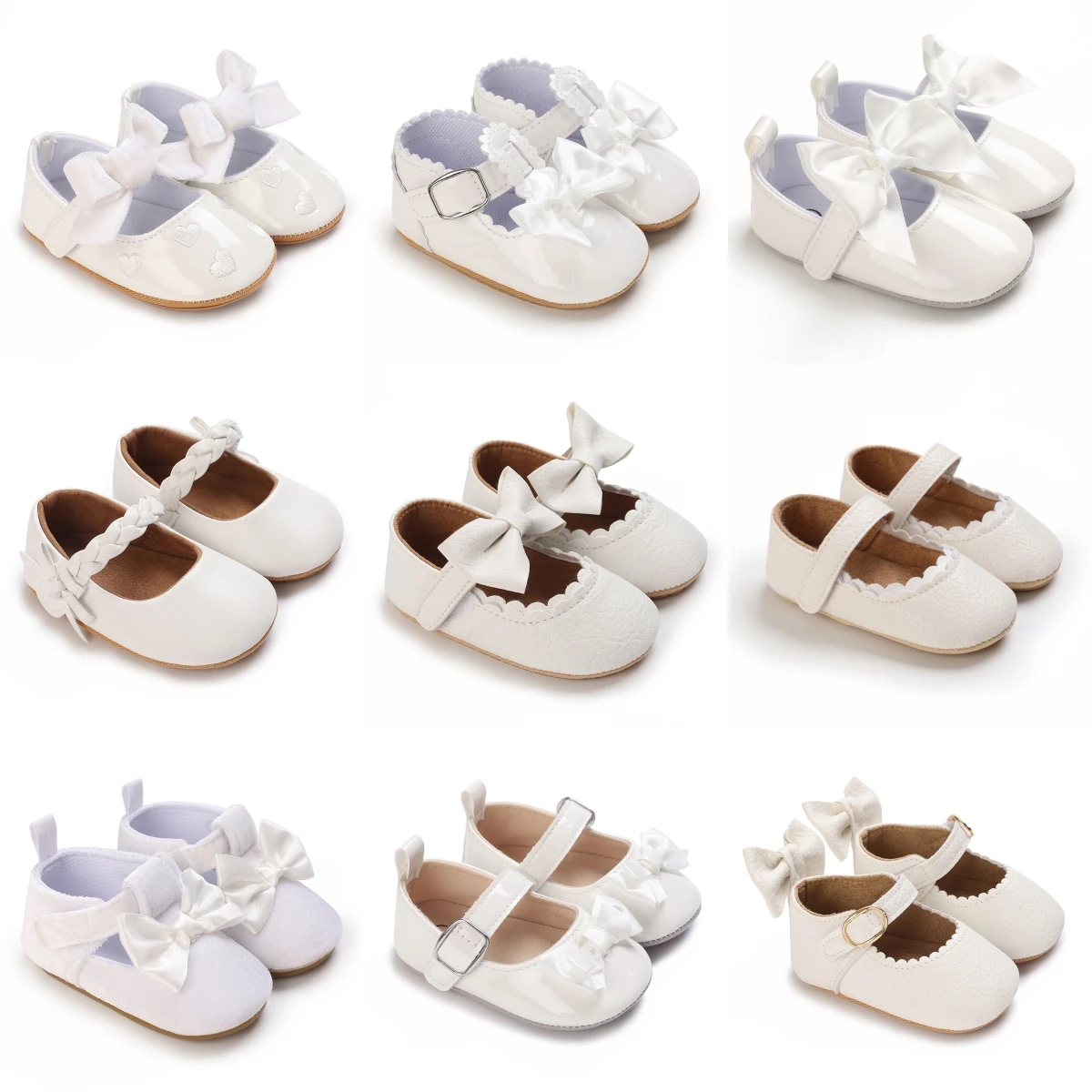 0-18 Months White Neonatal Soft Sole Girl Baby Upper PU Non Slip Rubber Sole Cute Princess Shoes Baby Walking Shoes