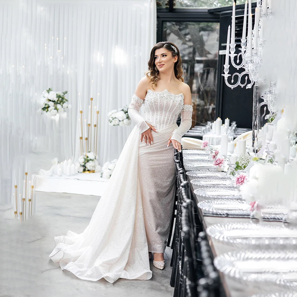 

Luxury Weddings Dresses Scalloped Long Sleeve Backless Arabic Bride Dress with Beading Sequined Mermaid Bridal Gown Customized