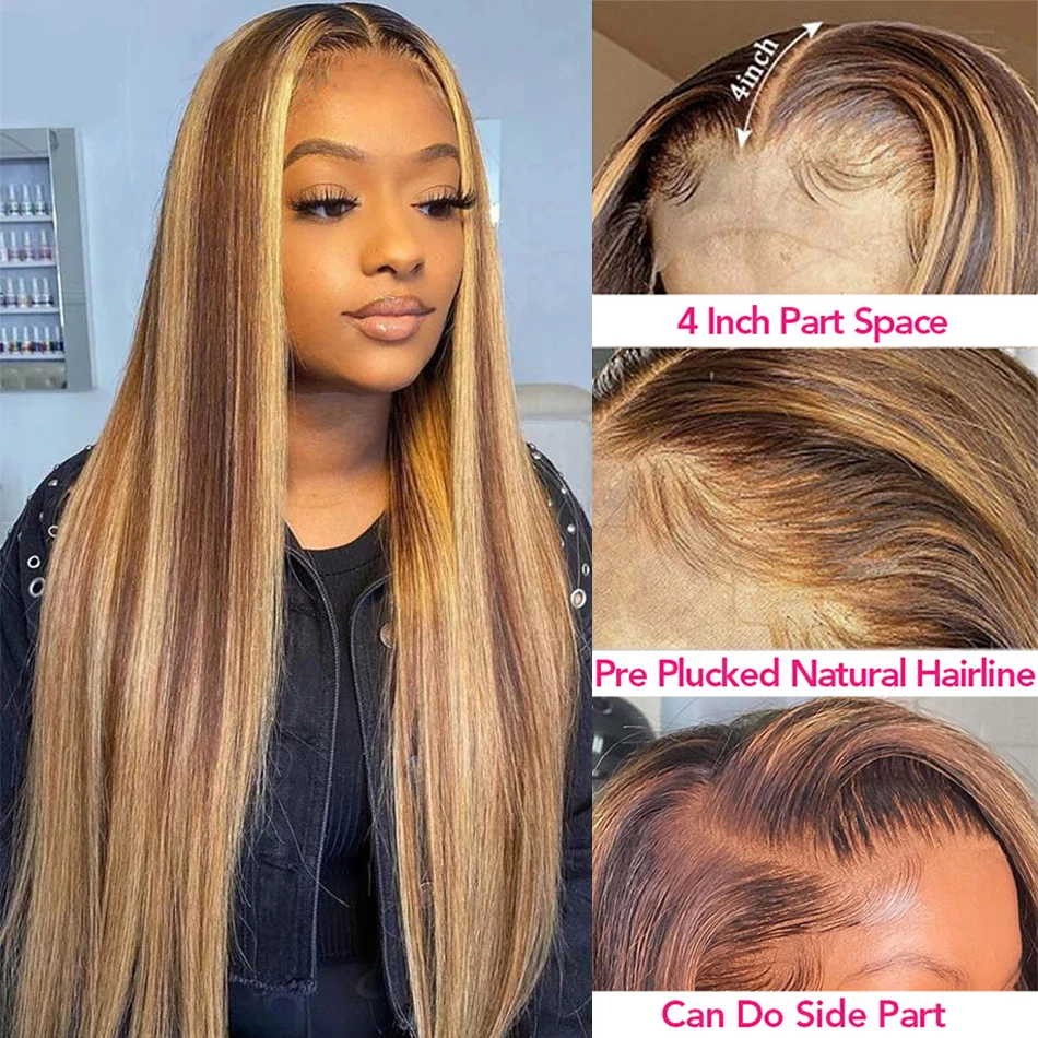 HD 13x6 Highlight Wig Colored Lace Front Human Hair Wigs For Women 13x4 Bone Straight Honey Blonde Lace Frontal Wig 250 Density