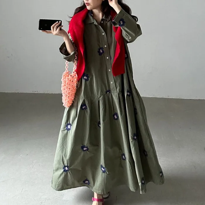 تنورة كلاسيكية يابانية مطرزة بالزهور الثقيلة مع ياقة واقفة وزر واحد فضفاض على شكل حرف A للنساء #1