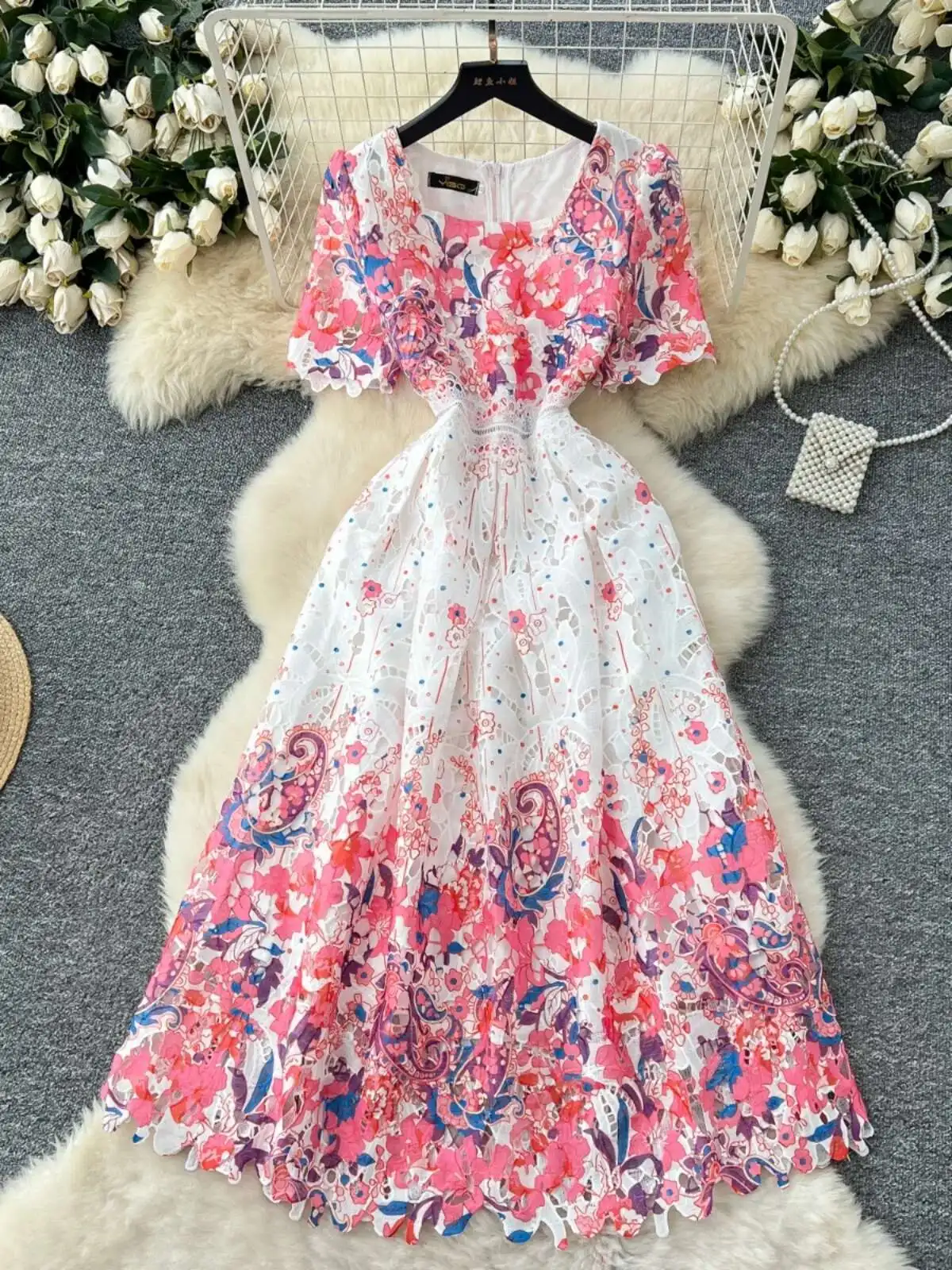 Elegant Flower Embroidery Hollow Out Lace Evening Dresses Women Summer Short Sleeve Princess Retro Midi Long Party Dress Gradien