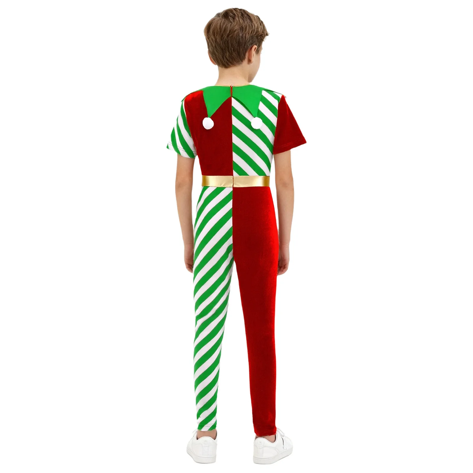 Boys Girls Christmas Elf Santa Helper Cosplay Costume Candy Cane Striped Pompom Jumpsuit New Year Festival Xmas Party Outfits