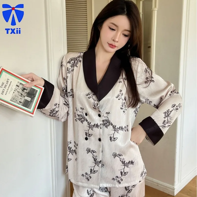 

Spring autumn new national style herringbone pattern ice silk trousers pajamas cover can be worn outside home clothes