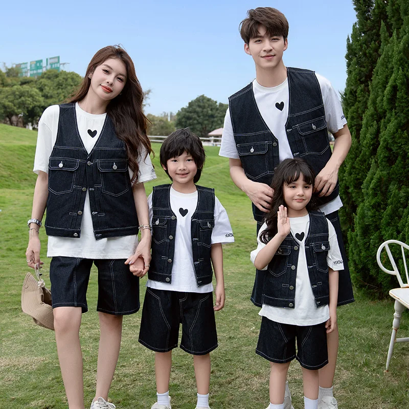 Fashion Family Matching Denim Clothing Parent-child Outfit Korean Father Mother and Son Daughter Baby Vest T Shirts Jeans Sets