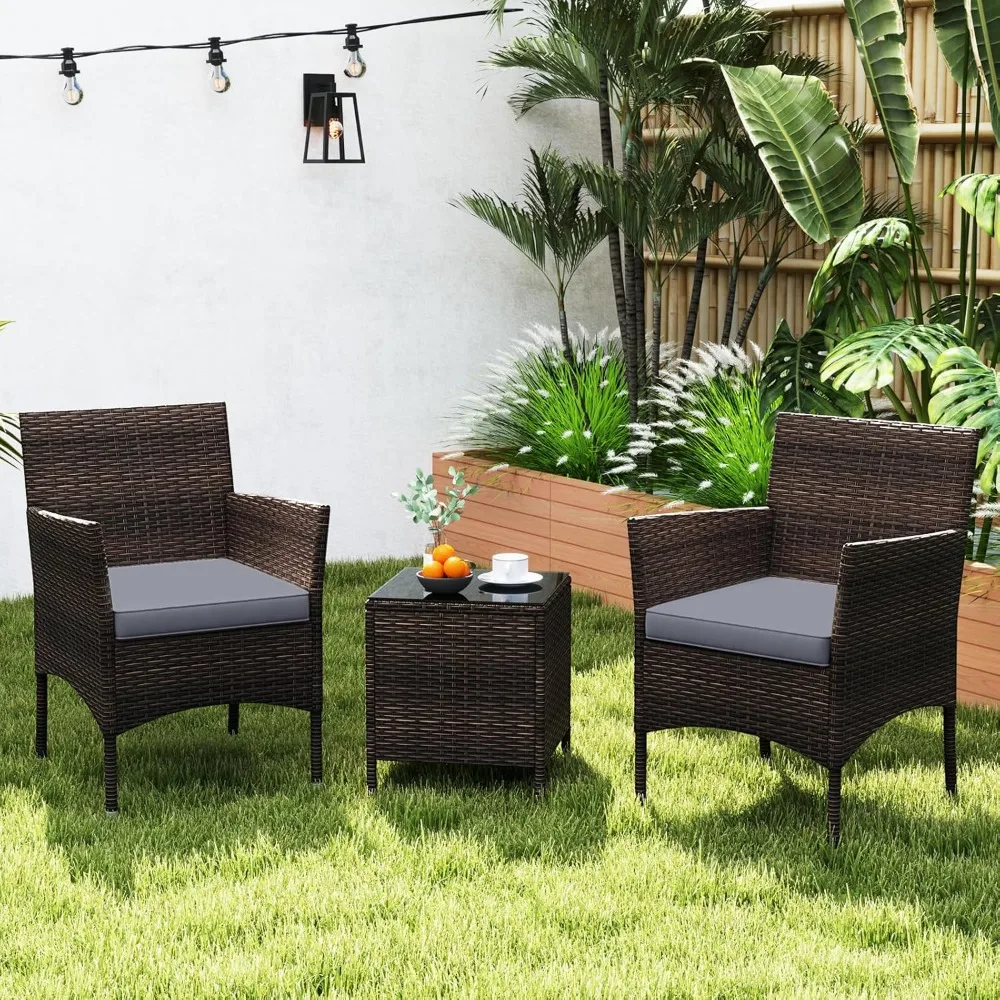 3 Pieces Patio Rattan Furniture Set, Outdoor Conversation Set with PE Wicker Armchairs, Tempered Glass Top Coffee Table, Soft R