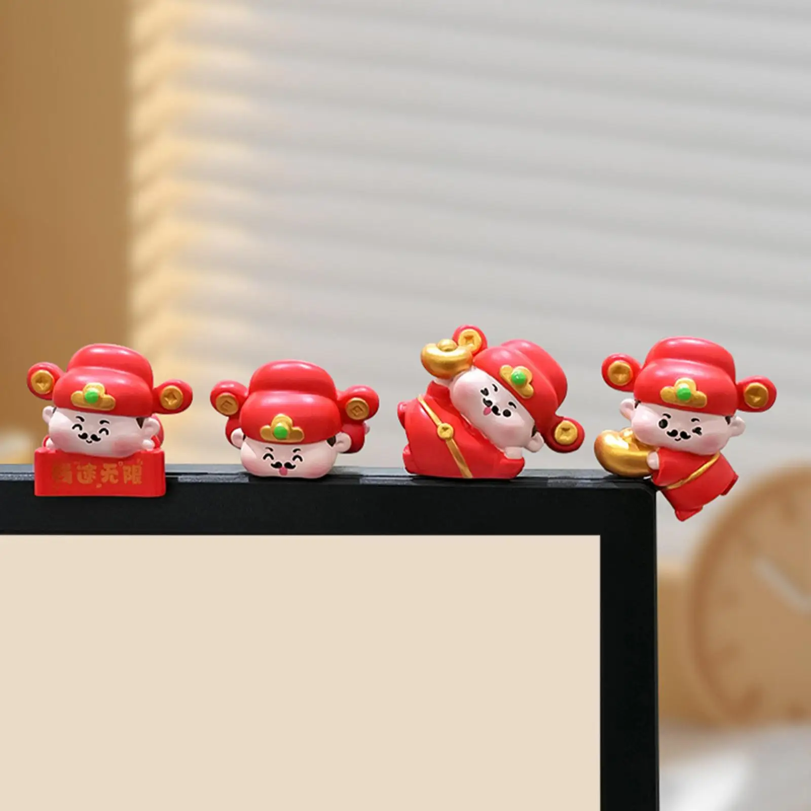 4x Mini God of Wealth Statues Computer Monitor Decor for Desk Festival Table