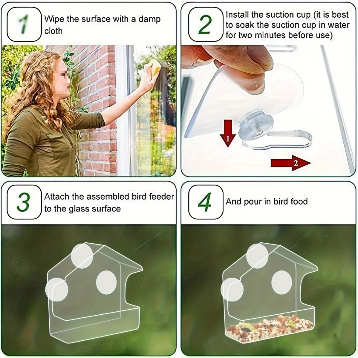وحدة تغذية الطيور من الأكريليك الشفاف مع أكواب شفط قوية. متين وسهل التنظيف، مثالي للحديقة والفناء. مشاهدة الطيور من نافذة!
