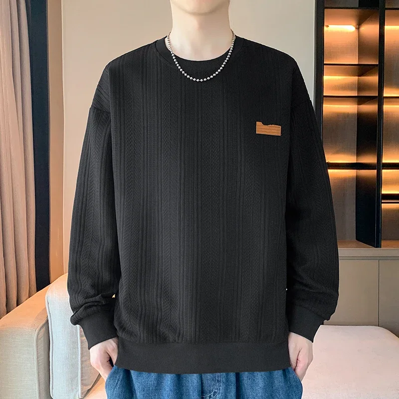 New Korean Mens Elasticity T-shirt Fashion Long Sleeve Sweatshirts Casual Men Round Neck Textured Top Autumn and Winter Pullover