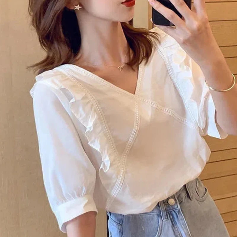 Korean Fashion Summer New Women\'s V-Neck Solid Edible Tree Fungus Bandage Temperament Versatile Loose Short Sleeve Shirts Tops