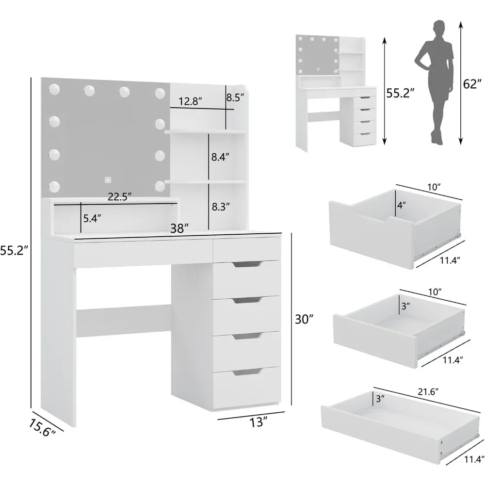 Hidden Wiring Dressing Table Dressing Room for Makeup Vanity Table With Mirror 3 Color Lighting Modes Brightness Adjustable Desk