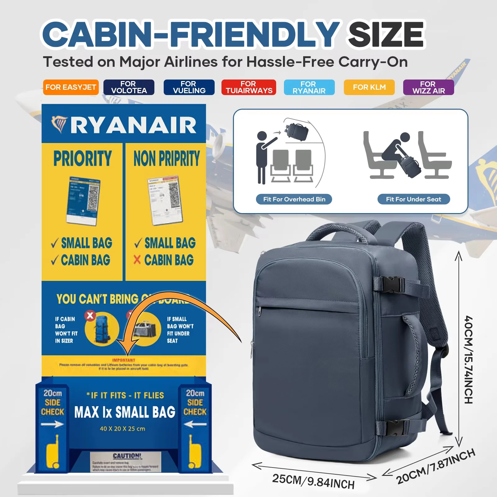 Aircraft Cabin Travel Backpack 40x20x25, Airplane Underseat Cabin Bag, Outdoor Backpack Carry-on Backpack, Hand Luggage Mens Bag