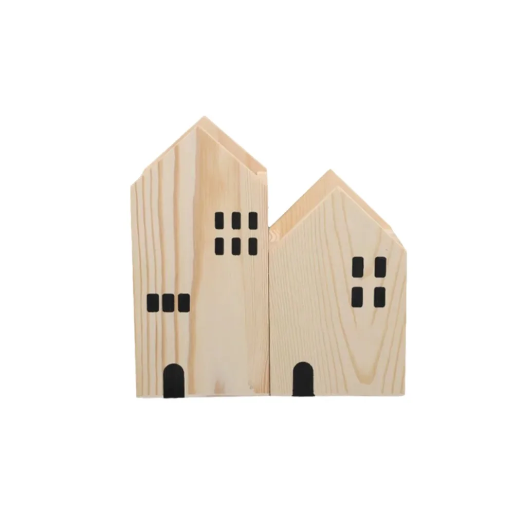 2PCS Wooden House Shape Pen Container Cartoon Vintage Cottage Shape Pen Holder Polished Surface Makeup Brush Storage Box Student