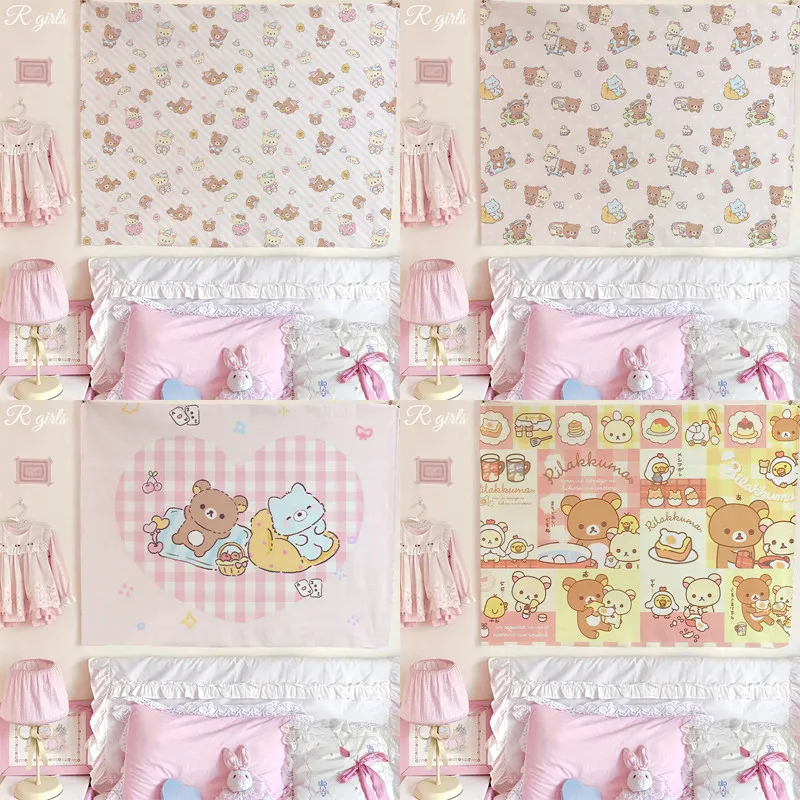 R-Rilakkuma Cute Bear Tapestry, Kawaii Cartoon Wall Hanging, Soft Pastel Background Cloth for Dorm Bedroom Aesthetic Room Decor