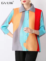 GVUW Pleated Color Block Shirts Women Lapel Full Sleeve Single Breasted Versatile New 2024 Female Loose Casual Tops 17G8578