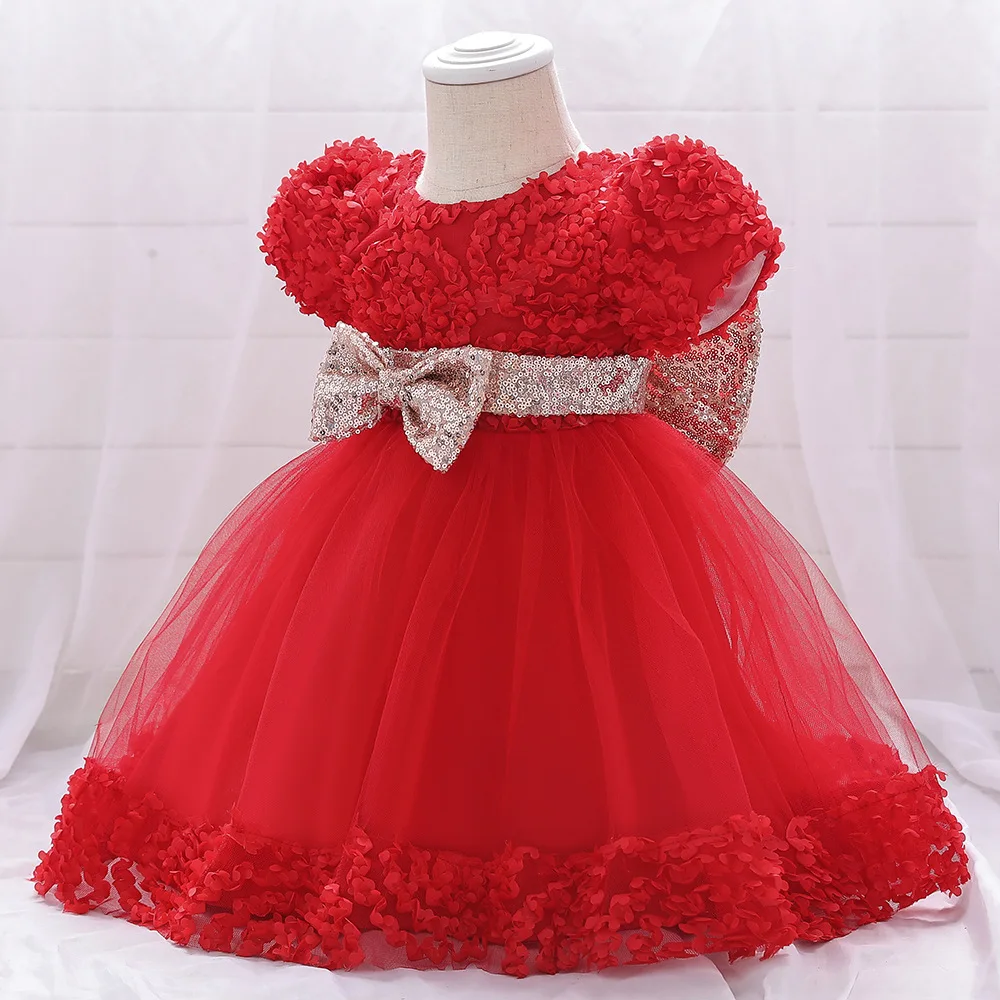 New Toddler 6M12M24M Girls Birthday Solid Color Tail Dress Children\'s Party Dress Princess Rose Flower Dress Girl Baby Bow Dress