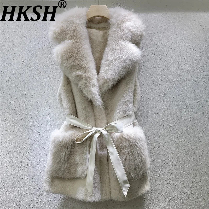 

HKSH 2023, осенне-зимний новый теплый жилет из искусственного меха с отложным воротником и карманами, пояс, элегантная роскошная трендовая куртка без рукавов HK16394