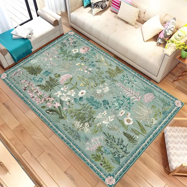 سجادة نبات الزنبق العتيقة لغرفة المعيشة وغرفة النوم سجادة حدود خضراء عتيقة نبات لوثر سجادة كاملة لتزيين المنزل #2