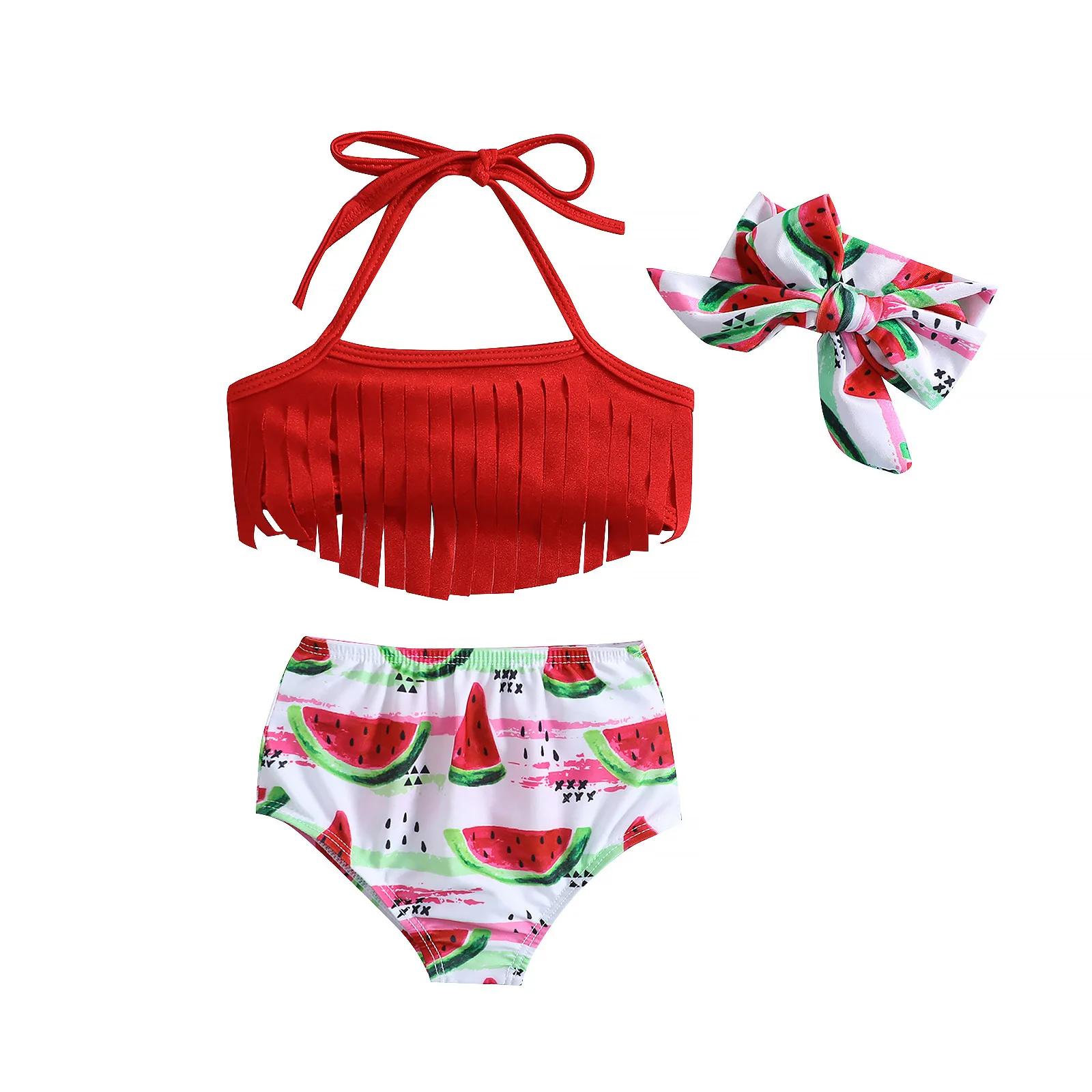 

0-4Y Girl Watermelon Tassels Bikini Swimwear for Baby Infant Toddler Two Piece Bathing Suit Swimsuit Halter Beachwear 3pcs/set