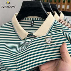 2024 Men's New Striped Cotton Business Casual Short Sleeved POLO Shirt Fashion  Comfortable and Breathable Top