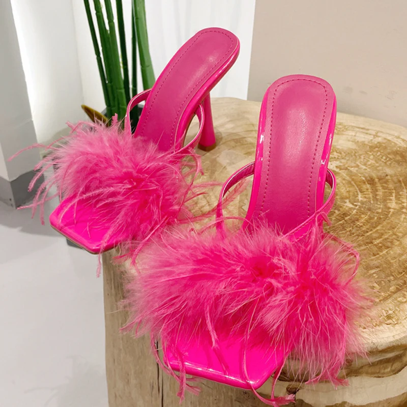 Liyke Summer Fashion Yellow Fluffy Furry Women Slippers Mules High Heels Slides Female Gladiator Sandals Party Banquet Shoes