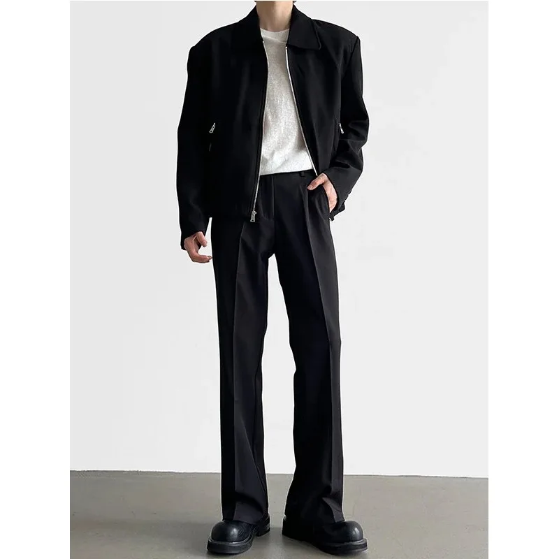 Premium Black Straight Leg Men's Trousers – Spring Summer Fashion Urban Casual Comfortable Drapey Suit Pants, Mid Waist Fit for