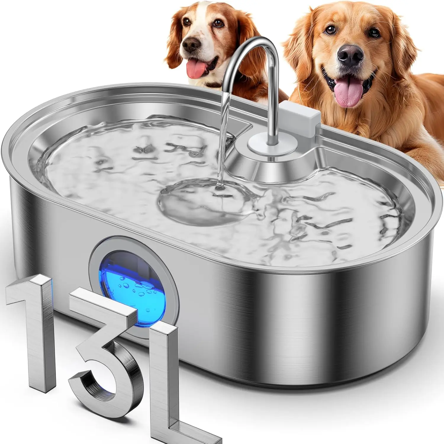 

3.4Gal Stainless Steel Dog Water Fountain for Large Dogs, 13L, Automatic with LED & Water Window, Quiet Operation