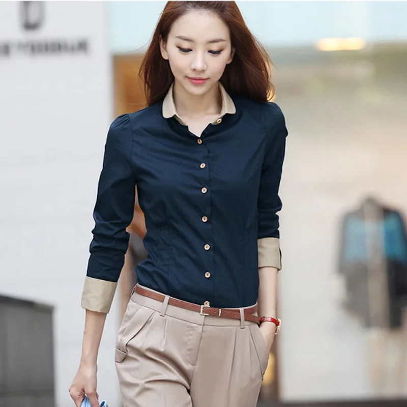 Korean Style Blue Shirt Women's Long Sleeve plus Size Slimming Fashionable Professional OL Tie Shirt Autumn Collection