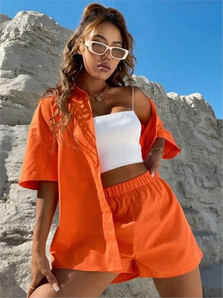 Summer 2 Piece Set Women Short Sleeve Solid Color Buttons Shirt +loose Shorts Suit New 2024 Fashion Sports Lady Casual Sets