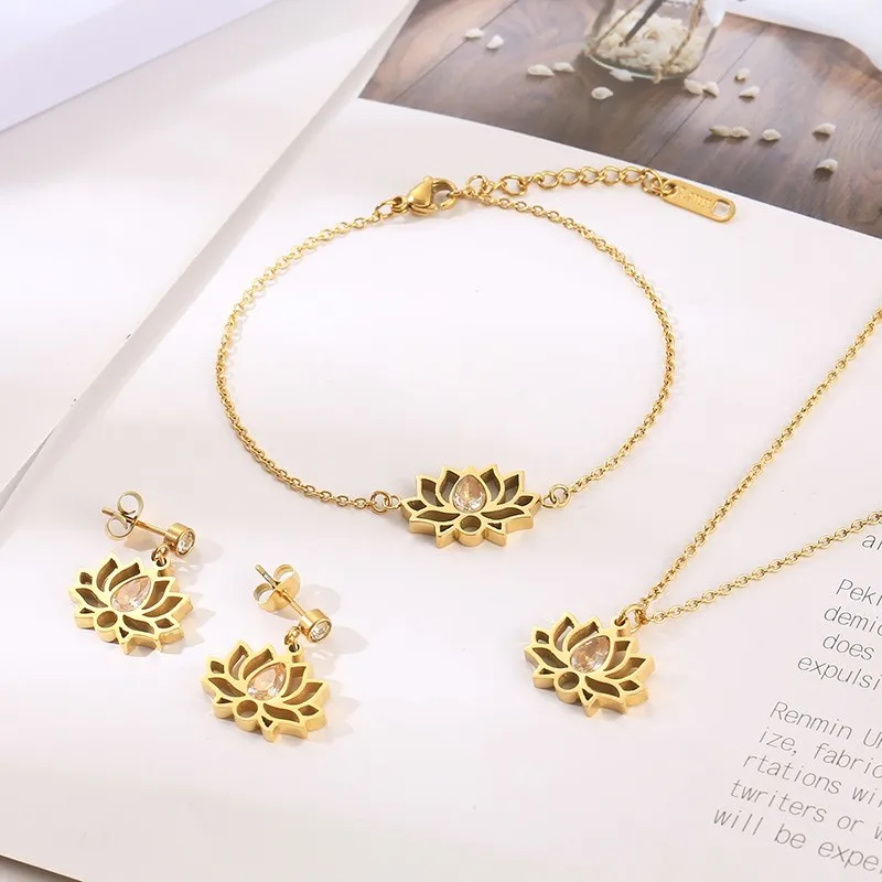 3pcs Elegant Lotus Flower Rhinestone Earrings Bracelet Necklace For Women Stainless Steel Gold Silver Color Jewelry Sets Luxury