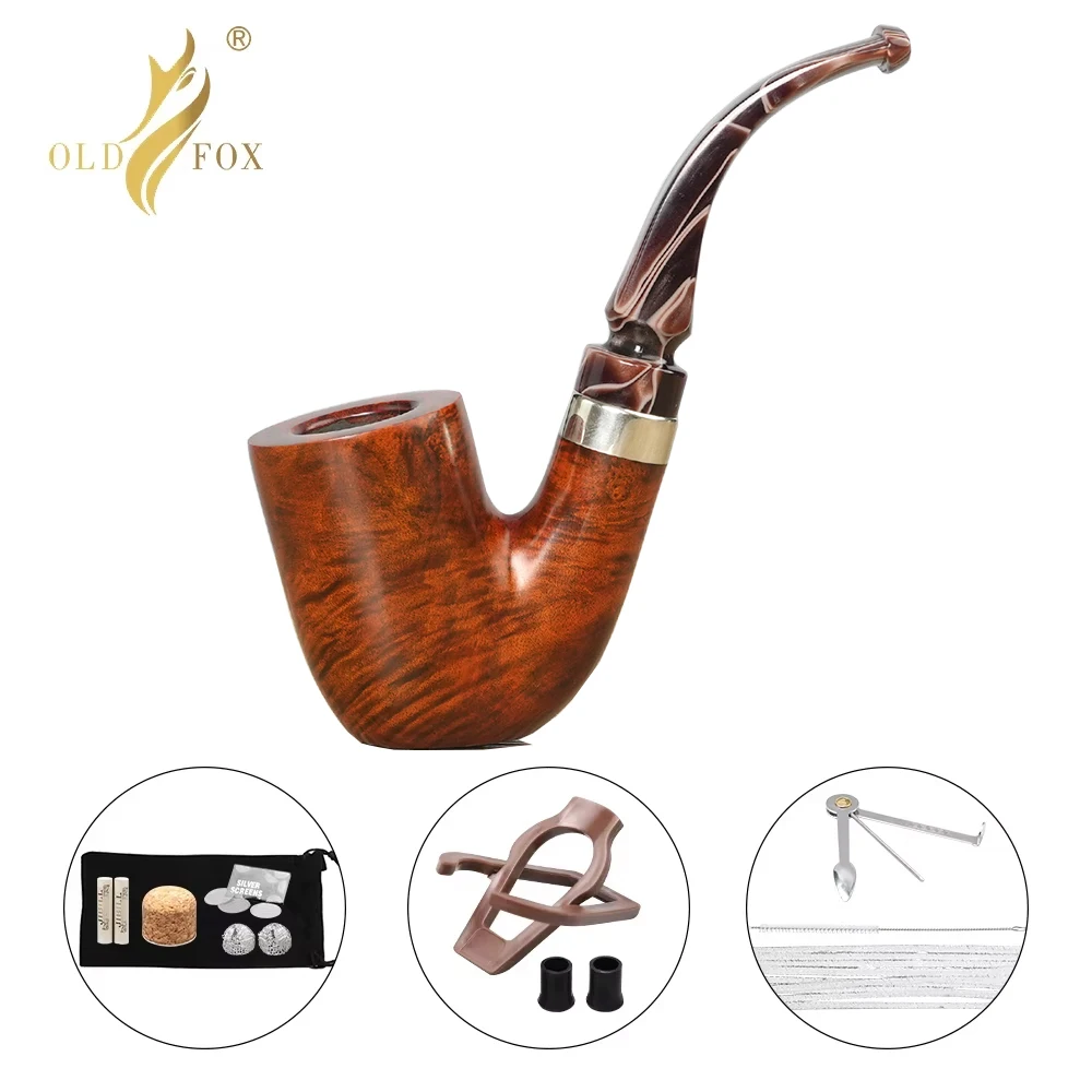 OLD FOX Handmade Briar Tobacco Pipe Hungarian Big Bend Pipe Colorful Acrylic Mouthpiece With 10-piece Cleaning Kit