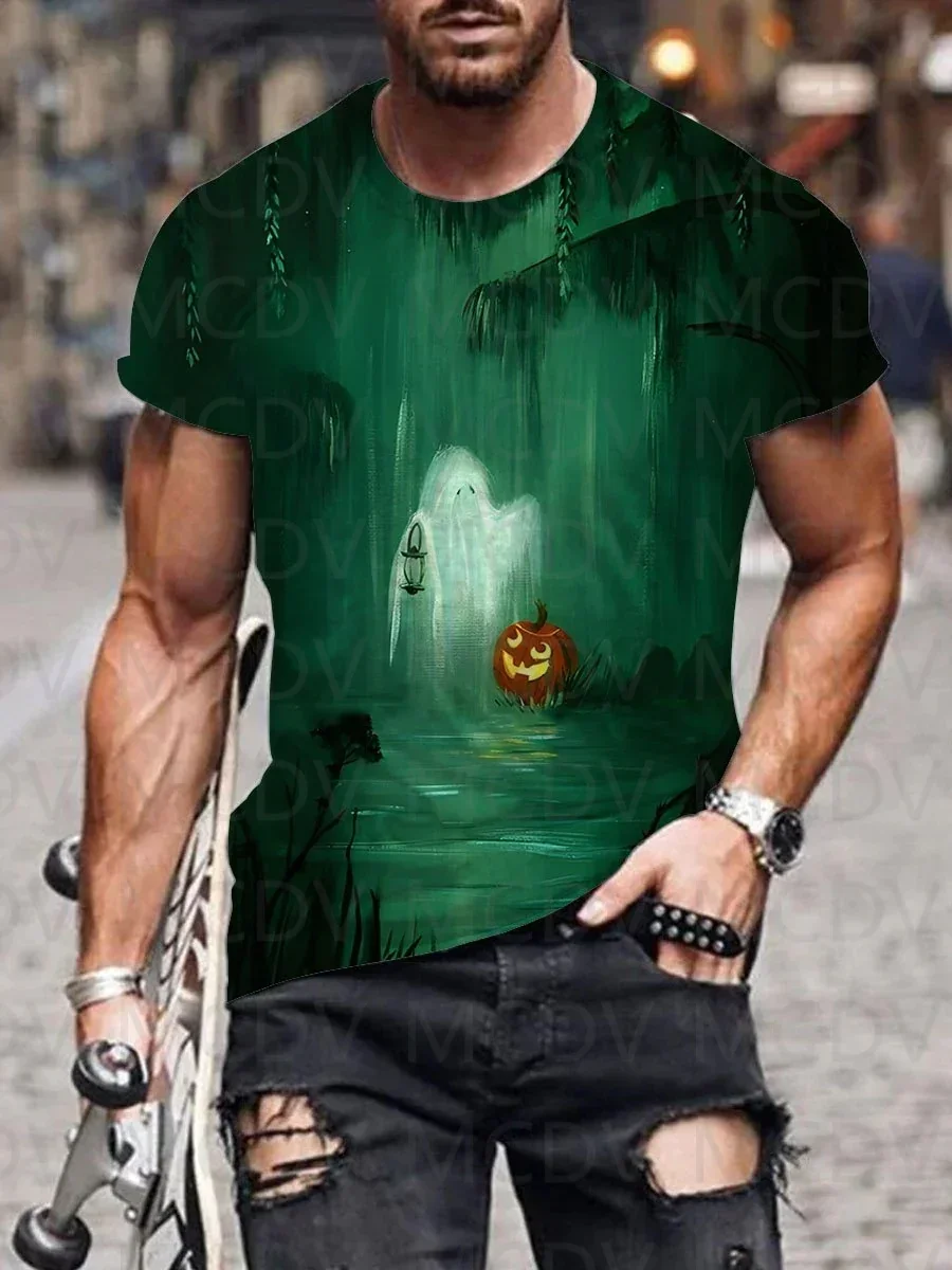 Men's Summer Shorts Sleeve Shirts Halloween Spooky Skull Pumpkin Fun Print T-Shirt