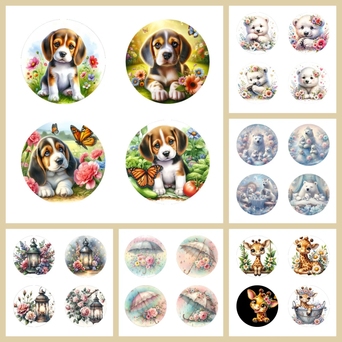 

4 anti-slip wooden office coffee coasters with floral and animal patterns, suitable for daily family gathering table decoration.