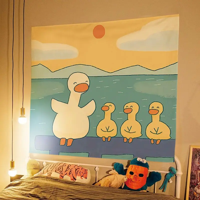 VIKAMA Cartoon Raincoat Duckling Rainy Day Travel Tapestry, HD Wear-Resistant Background Cloth for Living Room Decor