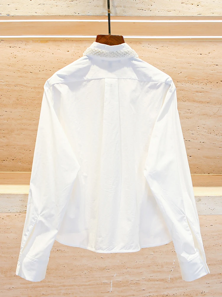 

M Home Nan You High End Women's Faion Pearl Embellied White irt Top Women's Commute Sle Loose Fit Long Sve